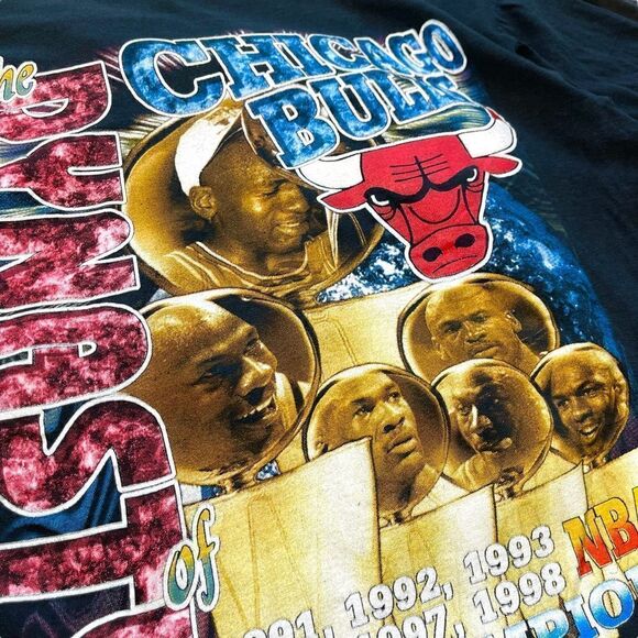Vtg 90s Chicago Bulls 3 Peat World Champs AOP Shirt, Jordan Rodman, Rap Tee, XL - Picture 9 of 12